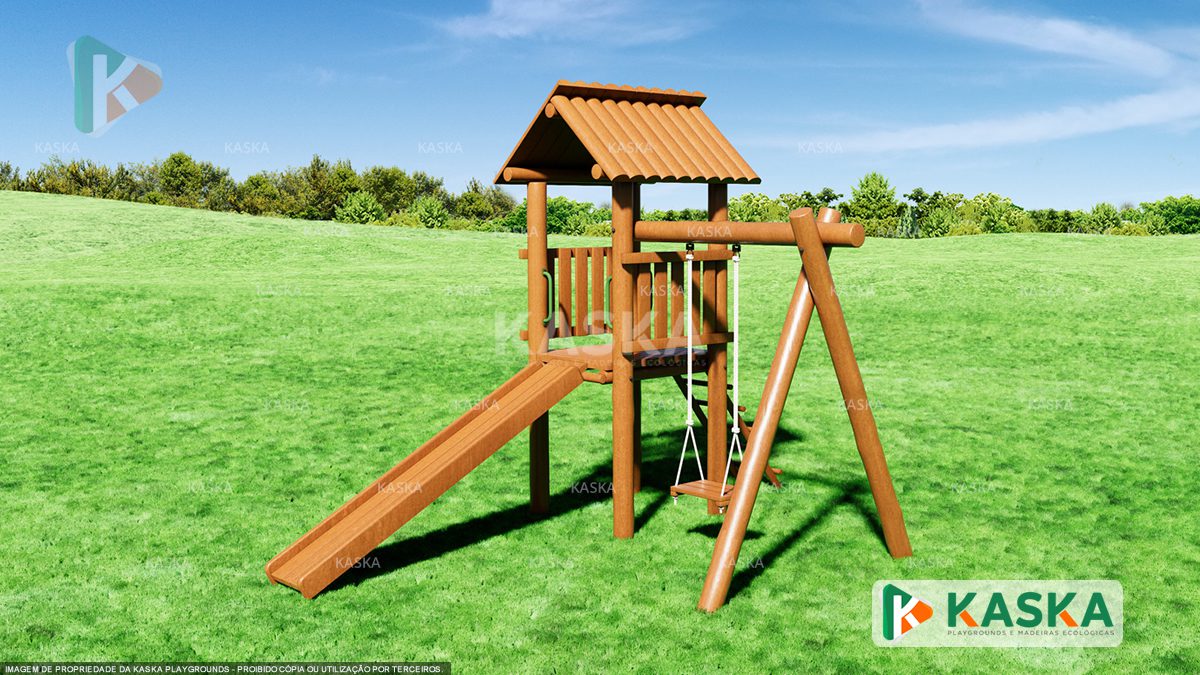 Wooden house with slide and swing | Kaska